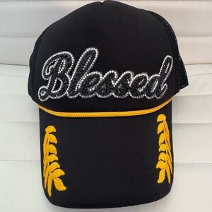 Black "Blessed" Embellished Trucker Hat with Yellow Embroidery